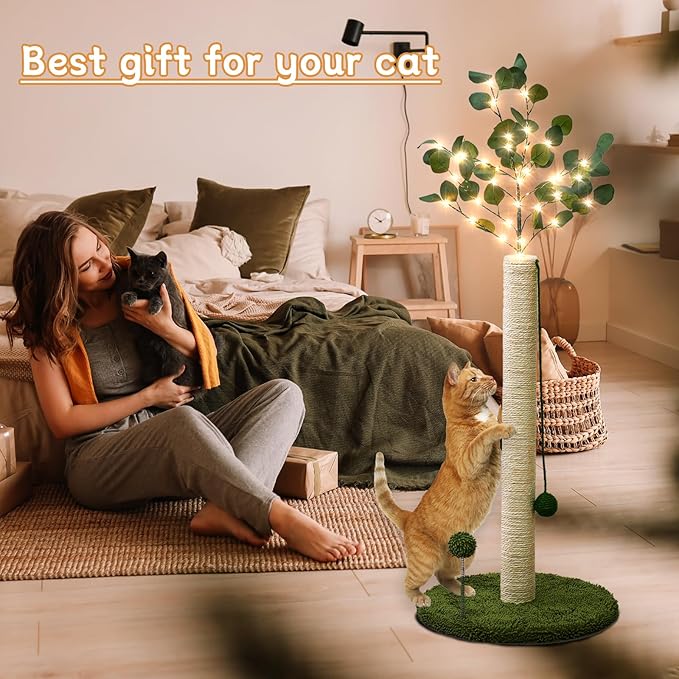 YYXISM Cat Scratching Post with Lights & Hanging Ball Toys Tall Sisal Rope Scratcher Tree Climbing Scratch Tower for Indoor Cats Adult Kitten