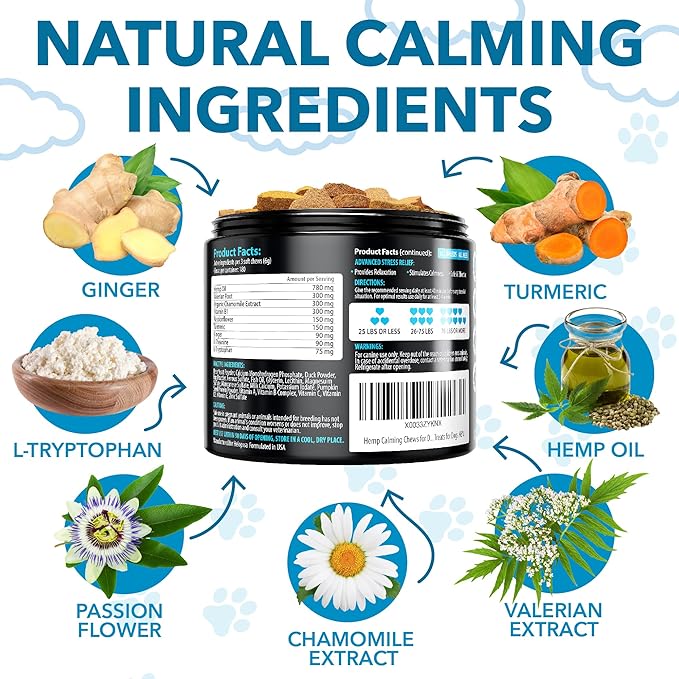 Hemp Calming Chews for Dogs with Anxiety and Stress - 360 Soft Dog Calming Treats - Dog Anxiety Relief - Storms, Fireworks, Thunder, Barking, Separation Aid - Valerian Root - L-Tryptophan - Hemp Oil