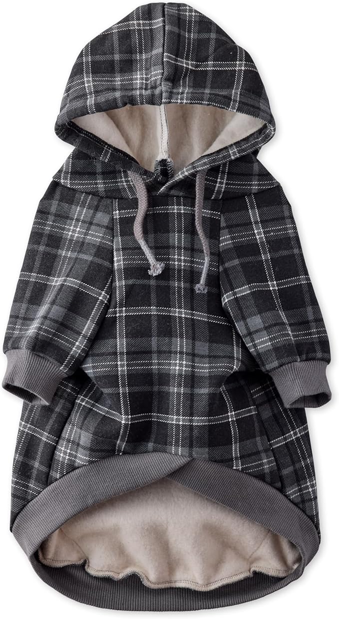 Rocky II - The Extra Comfy Hoodie, Organic Cotton and Recycled Poly Dog Hoodie Pet Coat Sweater for Small, Medium, Large Dogs, Black Sand Plaid, Large