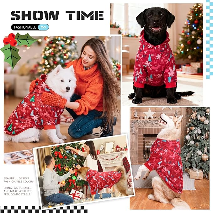 Red Christmas Dog Hoodie Soft Warm Fleece Lined Dog Sweater Hoodie with Leash Hole and Pocket Elastic Xmas Pet Coat Clothes Dogs Sweatshirt for Small Medium Large Size Dogs(Red B,X-Large)