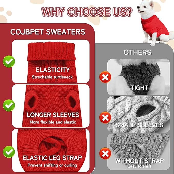 Knitted Dog Sweater for Small/Medium Dogs, Pullover Turtleneck Pet Sweaters, Winter Dog Clothes, Warm Soft Winter Holiday Cat Sweater, Red, XL