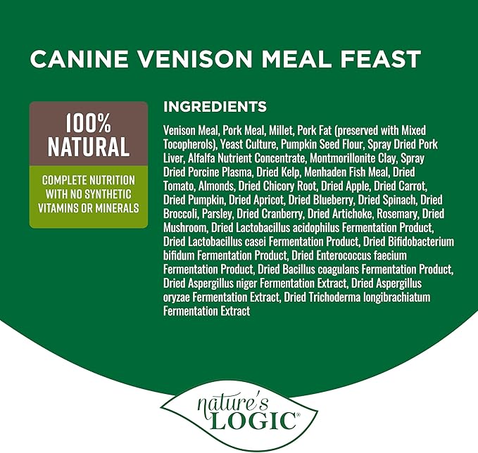 NATURE'S LOGIC Dry Dog Food - 100% Natural - No Synthetics - for All Ages, Sizes, Breeds - Free from Common Allergens, High Protein - Venison Meal Feast, 25lbs