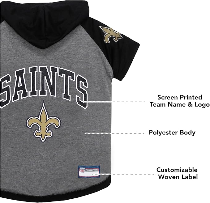 Pets First NFL New Orleans Saints Hoodie for Dogs & Cats. | NFL Football Licensed Dog Hoody Tee Shirt, Large| Sports Hoody T-Shirt for Pets | Licensed Sporty Dog Shirt