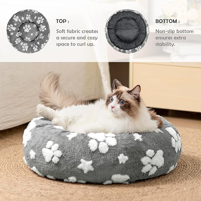 Yaning Donut Dog Beds for Small Dogs, Calming Round Cat Beds for Indoor Cats, Cute 3D Textured Paw Pet Bed with Removable Washable Cover and Anti-Slip Bottom（Grey，20"）