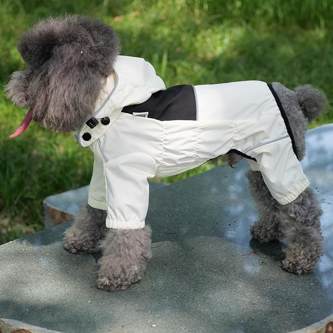 LOVELONGLONG Waterproof Dog Raincoat with Removable Hood – Outdoor Full Body Dog Jacket, Windproof Snowproof Shell Suit – All Season Pet Rain Gear Ivory XXS