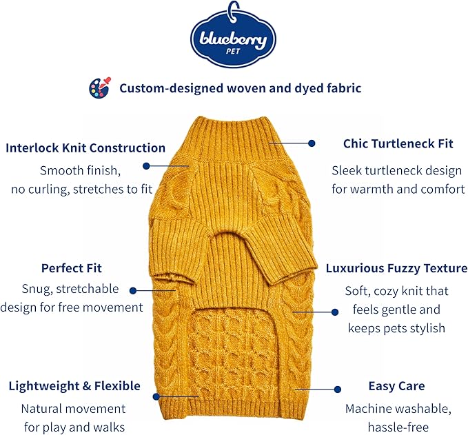Blueberry Pet Classic Fuzzy Textured Knit Pullover Turtle-Neck Dog Sweater in Mustard Yellow, Back Length 18", Pack of 1 Clothes for Dogs