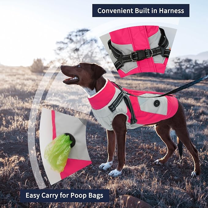 IECOii Dog Winter Coat with Harness Built in, Waterproof Windproof Dog Coats for Large Dogs, Thermal Fleece Lined Cold Weather Jackets with Zip, Outdoor Warm Snow Jacket Reflective, Rosered, XLarge