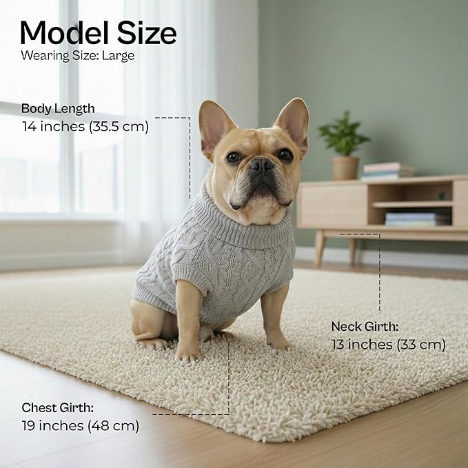 Parisian Pet Unisex Dog Sweaters - Pull Over, Turtle Neck Gray Dog Sweater - Cable Knit Thick Pet Sweater - Fall, Winter Doggy Clothes - Flexible Arm Holes Large Dogs Sweaters - 2XL