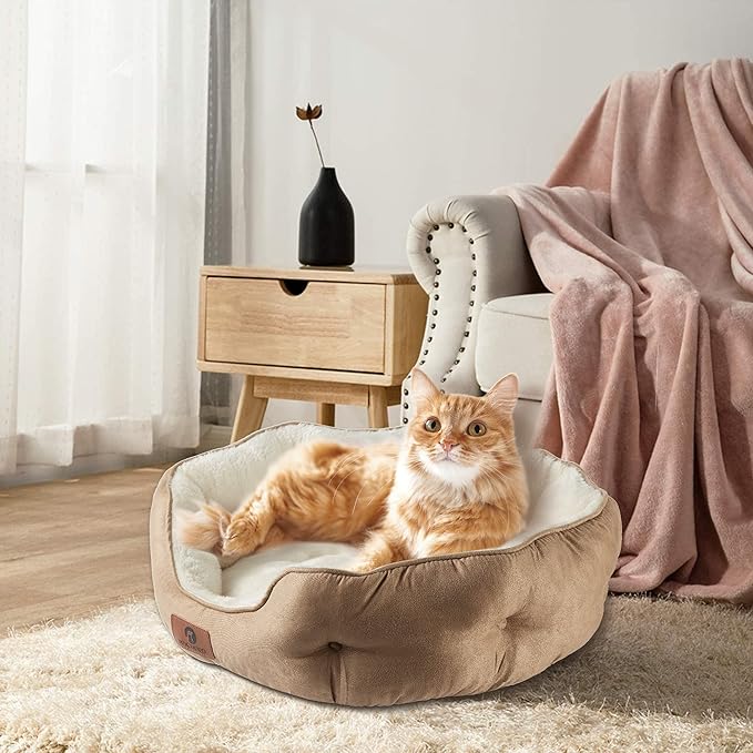Asvin Small Dog Bed for Small Dogs, Cat Beds for Indoor Cats, Pet Bed for Puppy and Kitty, Extra Soft & Machine Washable with Anti-Slip & Water-Resistant Oxford Bottom, Light Brown, 20 inches