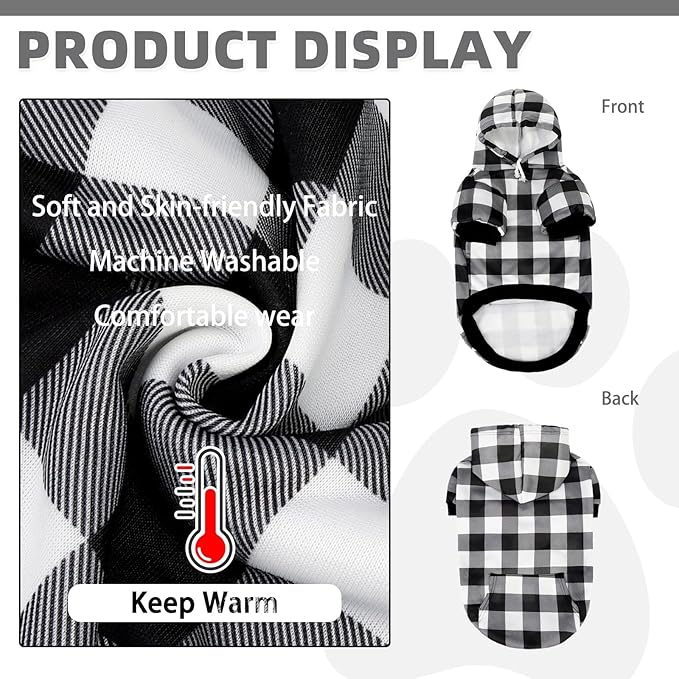 KOOLTAIL Plaid Dog Hoodie for Small Medium Large Dogs - Pet Clothes Sweater with Hat and Pocket for Cold Weather Winter, Warm Soft Hooded Sweatshirt Coat Outfit for Puppy Cats Girls Boys White XL