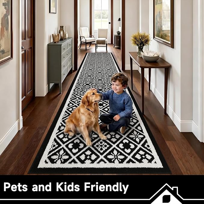 Ileading Hallway Runner Rug 2.6'x12' Heavy-Duty Durable Entryway Floor Mat with Non Slip Rubber Backing for Busy Traffic Extended Indoor Doormat Machine Washable Kitchen Throw Rug for Corridor(Black)