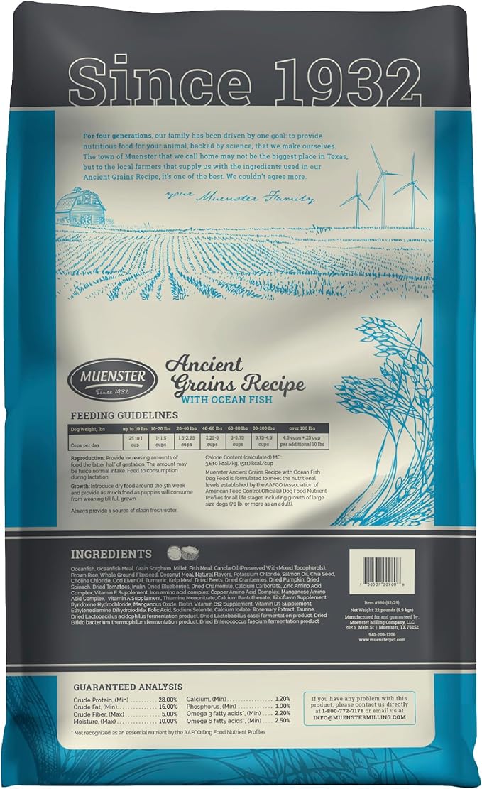 Muenster Ancient Grains Ocean Fish Dry Dog Food, 22lb - Gluten-Free, High Protein, Digestive Support