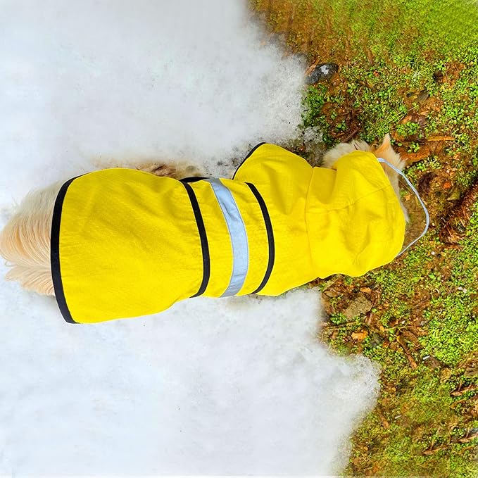 Dog Raincoat Waterproof Reflective Slicker - Lightweight Breathable Hooded Poncho Rain Coat Jacket with Adjustable Belly Strap and Leash Hole for Small Medium Large Dogs (Large, Yellow)