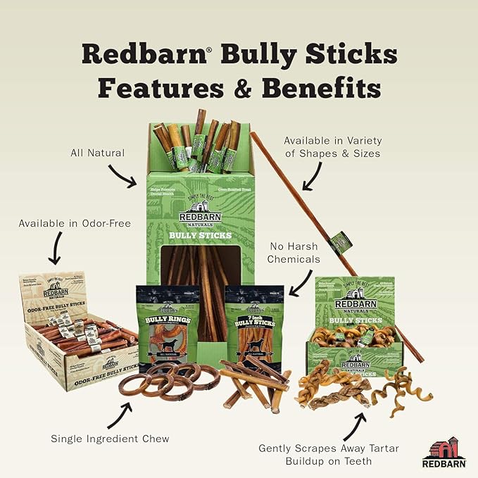 Redbarn Pet Products All-Natural 12" Large Bully Sticks for Dogs - Premium Grain-Free & Rawhide-Free Single Ingredient Long Lasting Low Odor Dental Treat for Chewers - 2 Count