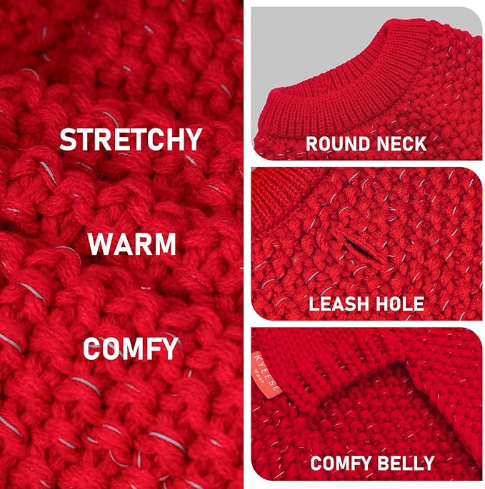 KYEESE Dog Sweater for Large Dogs with Leash Hole Warm Pullover with Reflective Yarn Male Thick Stretchy Knitwear Winter Soft Pet Coat boy Cold Weather Comfy Dog Sweaters,Red,XXX-Large