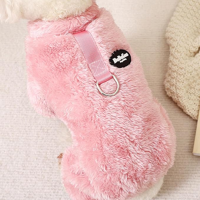 Fleece Small Dog Sweater Jumpsuit with Pull Ring | Stretchy 4-Leg Warm Onesie | Winter Clothes for Dogs and Cats (Pink, Large)