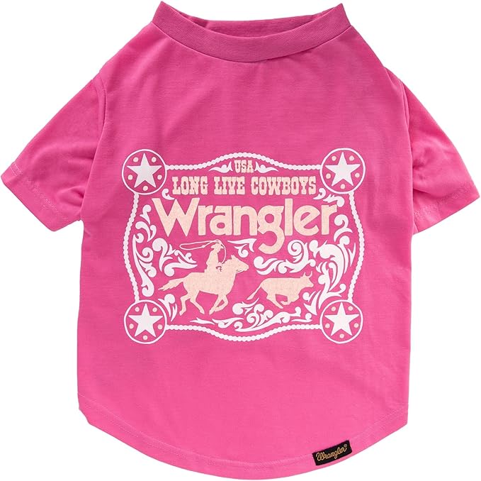 Wrangler Dog Shirt – Western Cowboy Rope Logo Pet Tee for Small to XL Dogs – Pull-on Machine Washable Dog T-Shirt (Pink, M)