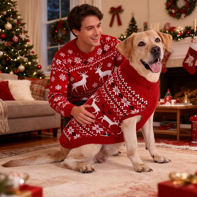 KOOLTAIL Christmas Dog Sweater, Cold Weather Pullover Classic Knitwear, Reindeer Snowflake Pattern Thick Warm Winter Pet Clothes, Cable Knit Dog Sweaters for Small Medium Large Bulldog Boy Girl,Red XL