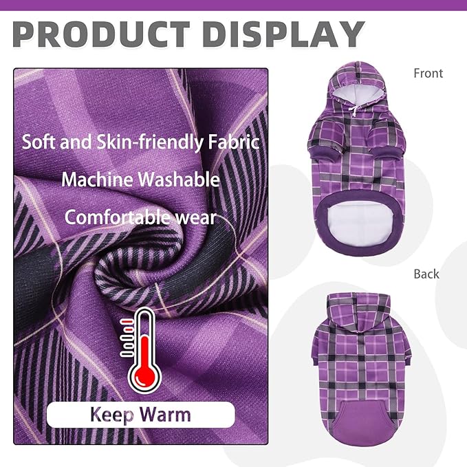 KOOLTAIL Plaid Dog Hoodie for Small Medium Large Dogs - Pet Clothes Sweater with Hat and Pocket for Cold Weather Winter, Warm Soft Dog Hooded Sweatshirt Coat Outfit for Puppy Cats Girls Boys Purple L