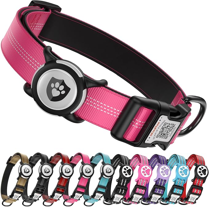 Waterproof AirTag Dog Collar with QR Code Dog Tag, Rose Red M | IP68 waterproof, QR code dog tag, Anti-Lost, Online profile, fits XS-L (8"-26"), Padded nylon, Reflective, No App, No Fees