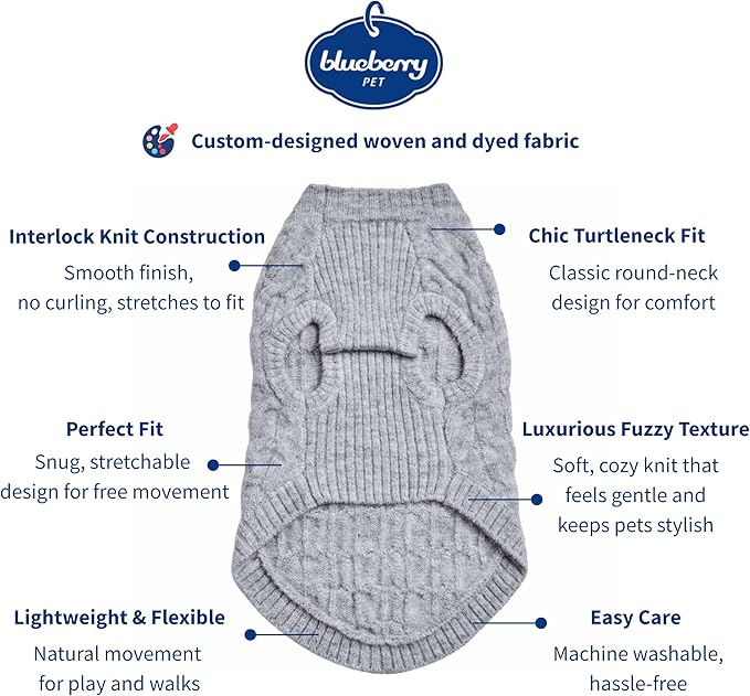 Blueberry Pet Classic Fuzzy Textured Knit Pullover Crew-Neck Dog Sweater in Heather Grey, Back Length 20", Pack of 1 Clothes for Dogs