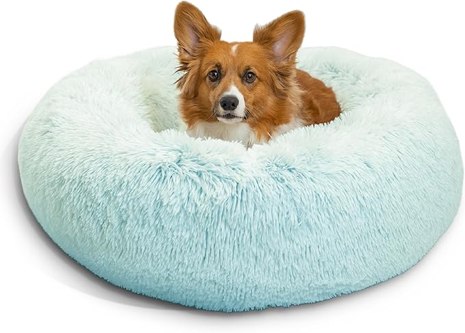 Best Friends by Sheri Original Calming Donut Dog and Cat Bed, Shag Faux Fur, Baby Blue, (30in x 30in) - Anxiety Relief for Pets Up to 45 lbs
