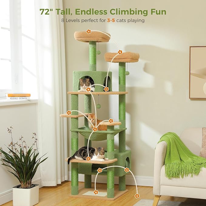 PAWZ Road Large 72 Inches Cat Tree and Tower for Indoor Cats - with Sisal-Covered Scratching Posts, Padded Perches, Condos, and Basket - Green