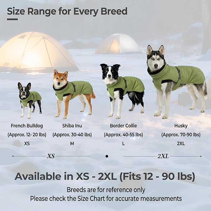 Ultra-Warm Dog Winter Coat for Hiking & Running, Adjustable Puffer Jacket with Anti-Slip Leg Straps, Water-Repellent Shell & Breathable Mesh Lining for Active Dogs (Green, Medium)