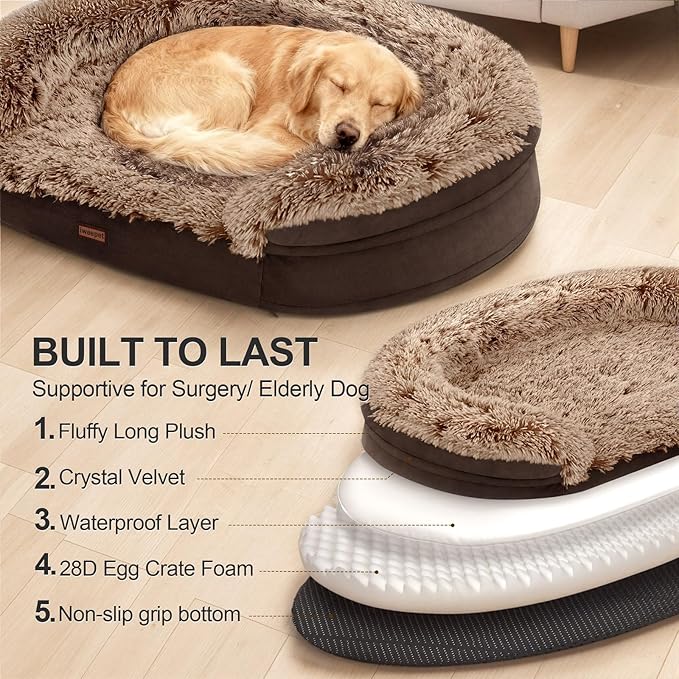 iweepet Orthopedic Dog Beds for Extra Large Dogs, 41" x 32.6" x 7.7" Supportive Dog Sofa Bed with 28D Egg-Crate Foam, Removable Washable Cover, Waterproof Lining, for Puppy,Senior,Sick, Brown