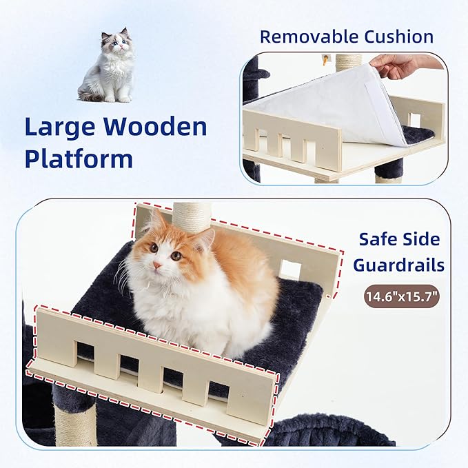 Gitelsnour Cat Tree for Indoor Cats Large Adult, Heavy Duty Cat Tree for Large Cats 20 lbs+, Cat Condo with Big Wooden Perch, Cat Tower with 14 Scratching Posts, Hammock, Smoky Gray GCT023G