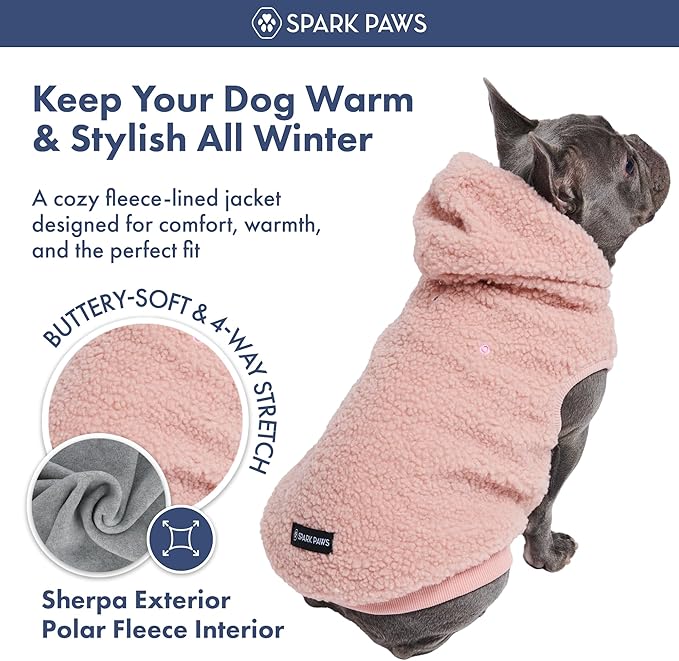Spark Paws Fleece Dog Jacket, Hooded Sweater Vest, Warm Coat for Winter - Suitable for Small Medium Large XL XXL Breeds - Pink - M
