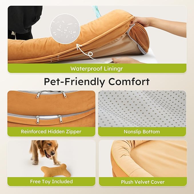 CWAWZ XXL Orthopedic Dog Bed, 53 in. Dog Bed for Large Sized Dogs with Full-Surround Bolsters, Dual-Sided Dog Cooling Beds with Memory Foam, Washable Pet Sofa Couch with Nonslip Bottom, Brown