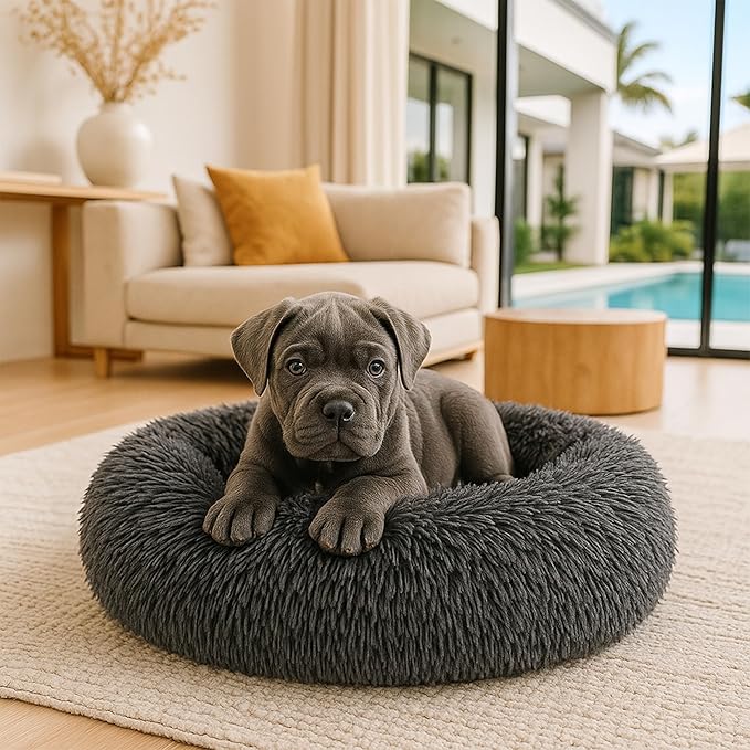 Calming Dog Bed - Fluffy Donut Cuddler for Anxiety Relief, Orthopedic Pet Bed with Non-Slip Bottom, Cozy Round Faux Fur Nest for Dogs and Cats, Plush Crate Mat for Comfort (Dark Grey, Large)