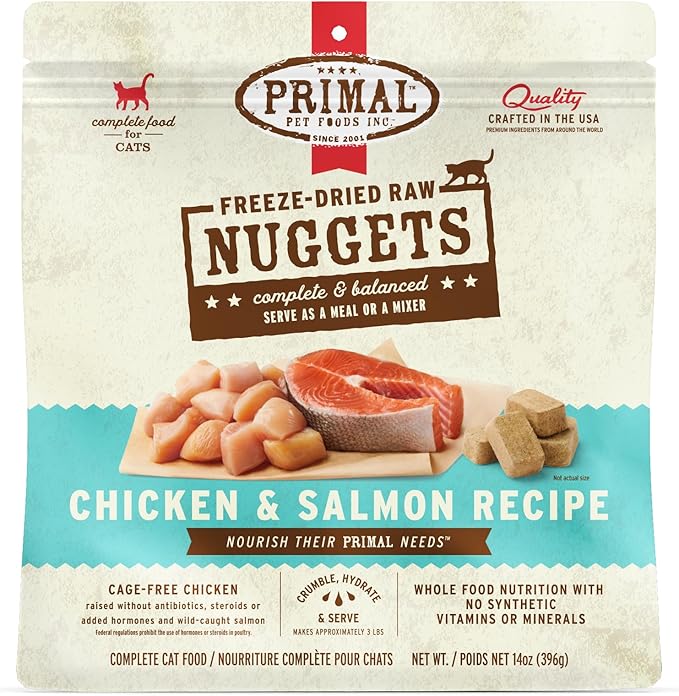 Primal Freeze Dried Raw Cat Food Nuggets Chicken & Salmon, Complete & Balanced Meal or Topper, Premium, Healthy, Grain Free, High Protein Raw Cat Food with Probiotics (14 oz)