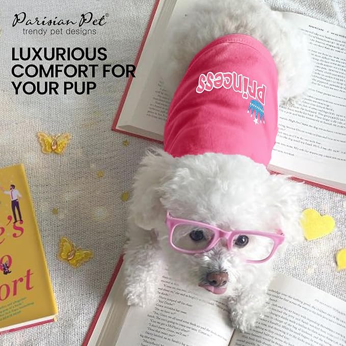 Parisian Pet Dog T-Shirt - Embroidered ' Princess ' Breathable Pink Dog Shirt - Sleeveless Pet Vest - Princess Pet Clothes - Machine Washable Clothes for Medium-Sized Dogs - M