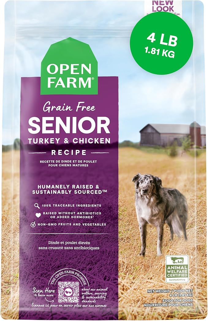 Open Farm, Grain-Free Dry Dog Food for Senior Dogs, Complete & Balanced Kibble to Support Joints & Mobility, Sustainably & Ethically Sourced Ingredients, Chicken & Turkey Recipe for Seniors, 4lb Bag