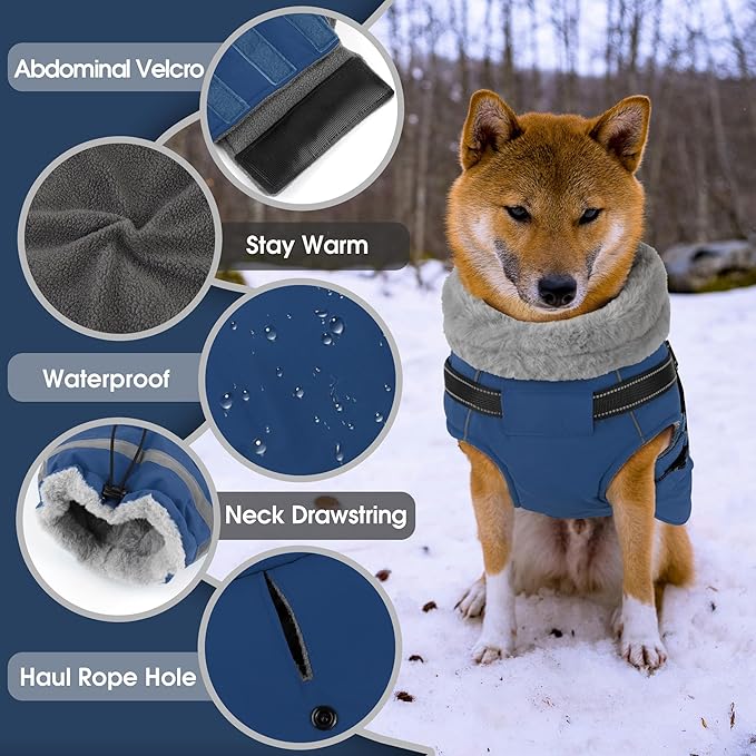 PETDSH Dog Coat Large, Built-in Harness Dog Jacket with Warm Fleece Lining, Waterproof Reflective Dogs Winter Coat, Pet Coats with Pocket and Trash Bags (Navy Blue, XX-Large)
