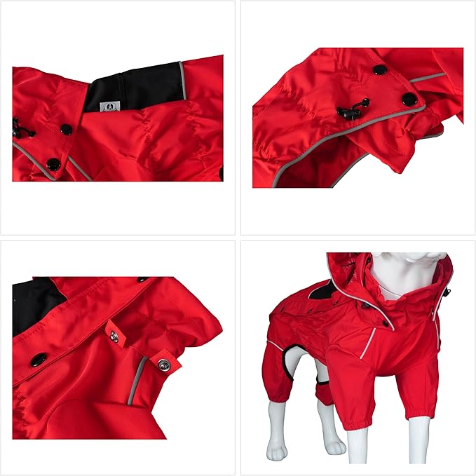 LOVELONGLONG Waterproof Dog Raincoat with Removable Hood – Outdoor Full Body Dog Jacket, Windproof Snowproof Shell Suit – All Season Pet Rain Gear Red 3XL