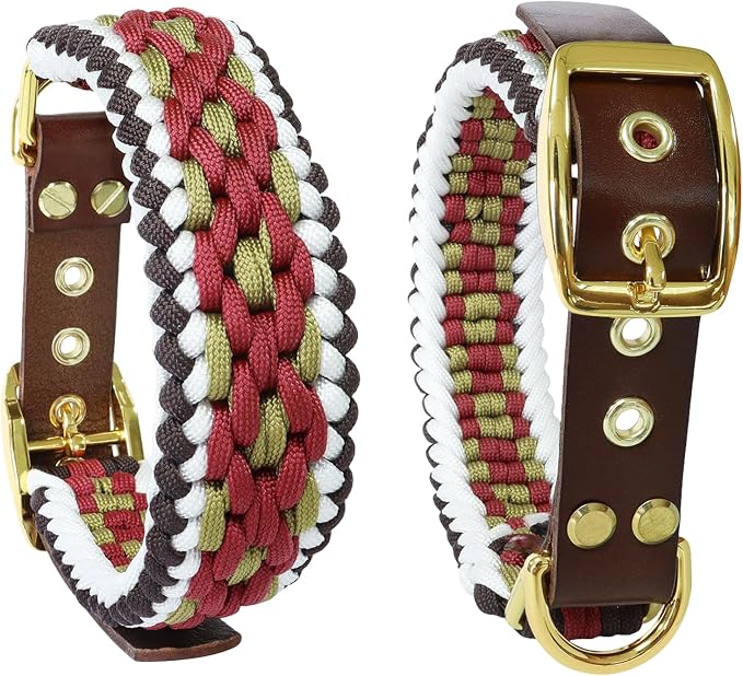 Rustic Autumn Weave Braided Paracord Wide Dog Collar, Adjustable Collar for Medium Large Dogs, Stylish Pet Gear for Boys Girls Dog, M