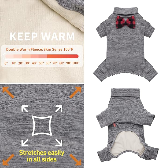 KYEESE Dog Coats Turtleneck Stretchy Dog Pajamas Super Soft Warm Material Dogs Sweater with Bowtie Pet Onesie for Small Dogs Cold Weather Coat, Grey,L