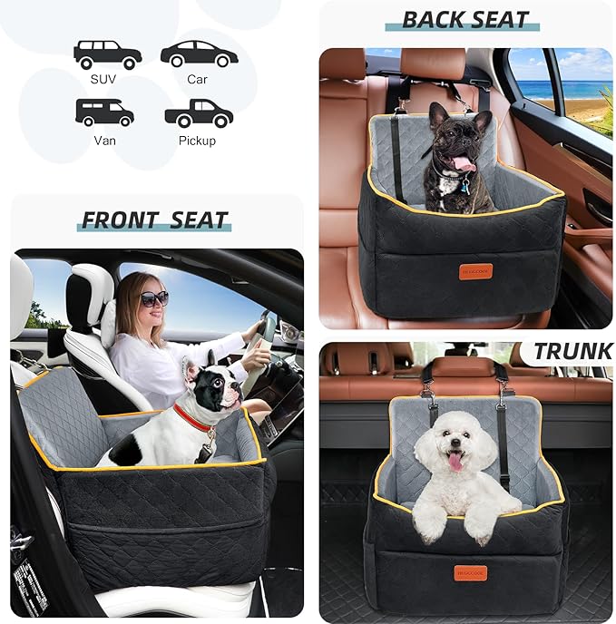 Small Dog Car Seat, Memory Foam Dog Booster Seats with Thick Cushion for Medium Dogs Under 35lbs, Detachable Washable Pet Car Seat Bed with Storage Pockets,2 Safety Belts