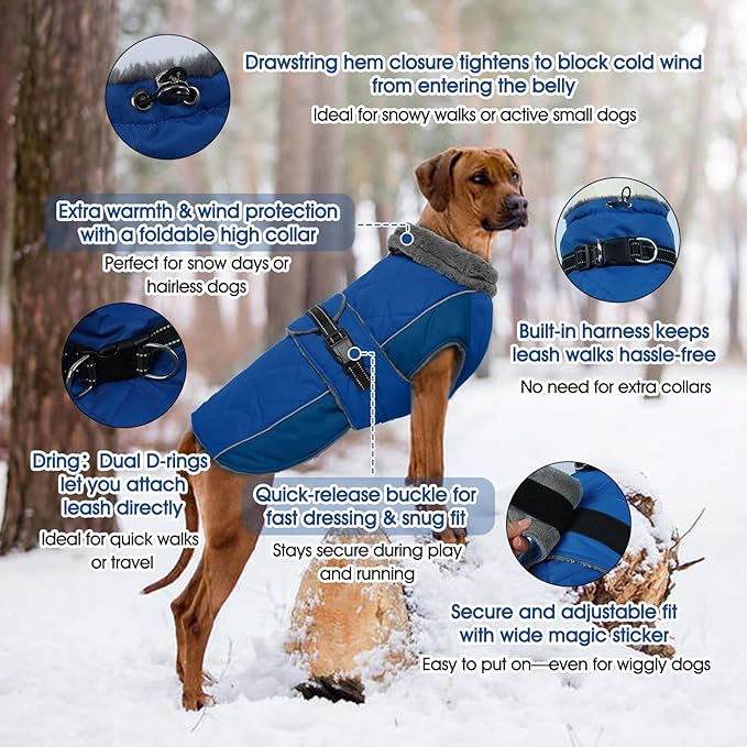 QBLEEV Warm Dog Jacket - Reflective, Adjustable Winter Coat with Turtleneck for Cold Weather, Waterproof Fleece Snowsuit for Small, Medium, Large Dogs