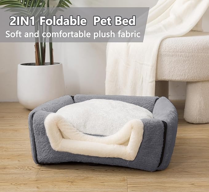 OMIVIER Cat Bed for Indoor Cats，Foldable cat cave，Anti-Slip & Water-Resistant Bottom，cat Houses for Indoor Cats or Small Dogs, Kitten Tent, Rabbit Bed，2 in 1 pet Bed (Dark Grey)
