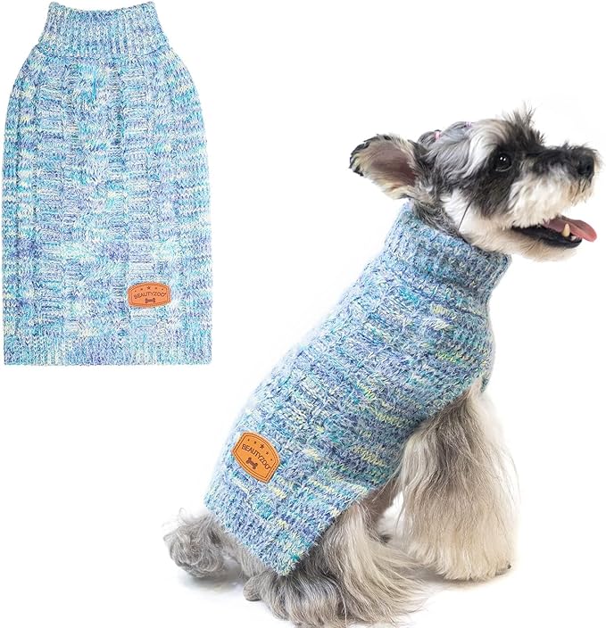 BEAUTYZOO Small Dog Sweater -Turtleneck Pullover Classic Cable Knit Fuzzy Winter Coat Dog Cold Weather Clothes for Small Medium Dogs Puppy Girl Boys(Gradient Cyan, XS)