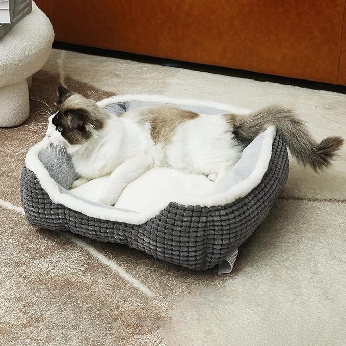 Luxury Square Grey Cat & Dog Bed - Soft Washable Animal Pet Beds with Anti-Slip & Water-Resistant Bottom, Perfect for Indoor Small Dogs & Cats, Kittens & Puppies