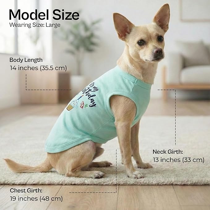 Parisian Pet Dog T-Shirt with Embroidered 'It's My Birthday' Words - Sleeveless Dog Birthday Shirt - Lightweight Pet Vest - Blue Tee Shirts for Large Dogs - L