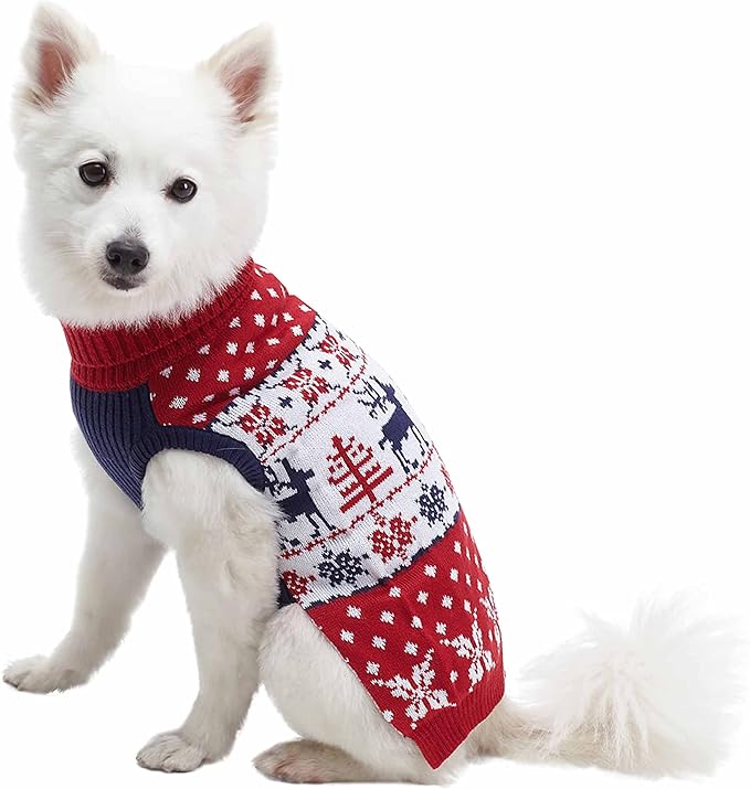 Blueberry Pet Ugly Christmas Reindeer Dog Sweater Turtleneck Holiday Family Matching Clothes for Dog, Tango Red & Navy Blue, Back Length 14", Warm Winter Outfit for Medium Dogs