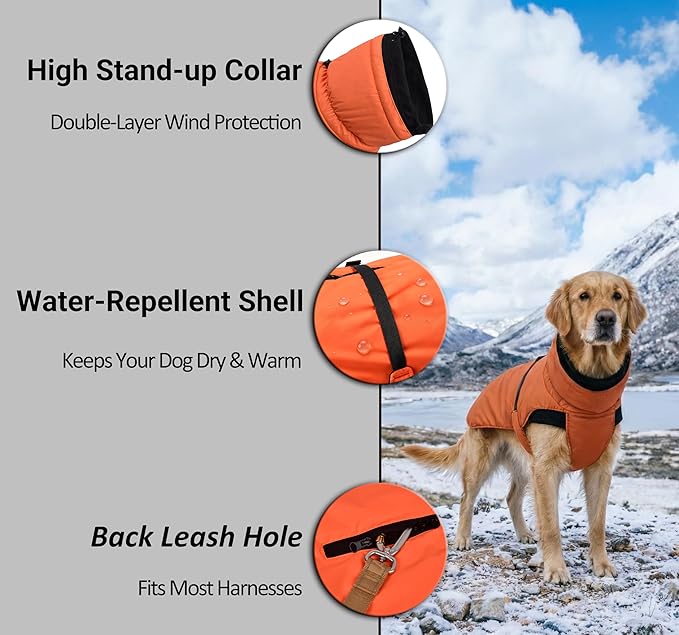 Ultra-Warm Dog Winter Coat for Hiking & Running, Adjustable Puffer Jacket with Anti-Slip Leg Straps, Water-Repellent Shell & Breathable Mesh Lining for Active Dogs (Aurantium, XX-Large)