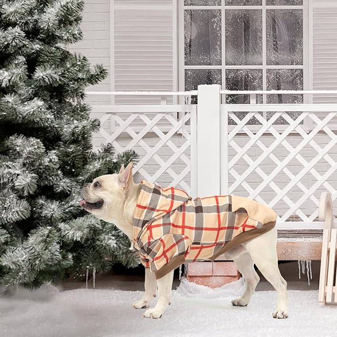 KOOLTAIL Plaid Dog Hoodie for Small Medium Large Dogs - Pet Clothes Sweater with Hat and Pocket for Cold Weather Winter, Warm Soft Dog Hooded Sweatshirt Coat Outfit for Puppy Cats Girls Boys Beige XS