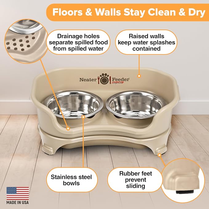 Neater Feeder Express Mess Proof Cat Bowls Elevated, No Spill Feeding Station, Stainless Steel Dishes for Food and Water, Raised Bowls for Indoor Cats, No Fatigue Whisker Friendly Dish, Almond